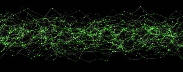 Abstract digital background with glowing lines and dots forming a network, Black backdrop with green highlights.