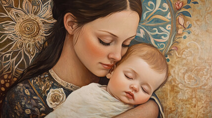 a mother tenderly holds her baby.