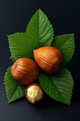 A couple of nuts sitting on top of a green leaf