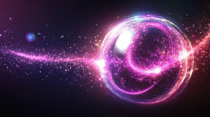 Wall Mural - abstract neon energy sphere of particles and waves of magical glowing on a dark background, circle a