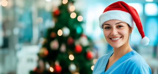 nurse in a Christmas hat smiling at the camera against a blurred hospital background with a Christmas tree. Close-up portrait of a female medical worker wearing blue scrubs and a Santa Claus costume, 