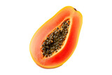 Half-cut ripe papaya showcasing orange flesh and black seeds, isolated on clean transparent white background