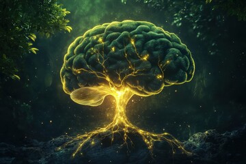 Leinwandbilder - A brain evolves into a tree, featuring luminous branches and roots that represent learning and personal growth in a serene natural environment. Generative AI