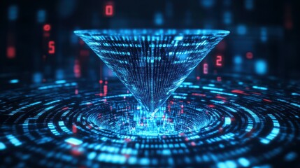 Big data technology and information funnel concept. Large digital funnel with online data as process of data collection, analysis, and transformation into useful information. Modern, digital style.