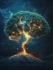 Fototapete - A brain morphs into a tree, featuring luminous neural branches and roots that signify growth and the pursuit of knowledge. Generative AI