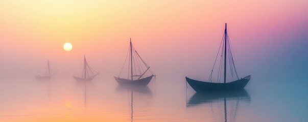 Wall Mural - Fishing dhows at dawn on a misty morning Mozambique