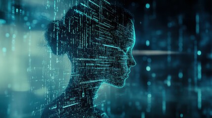 Futuristic AI coding agent concept with digital code, artificial intelligence, and tech innovation. Ideal for illustrating advanced technology, machine learning, and programming.