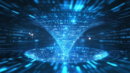 Big data technology and information funnel concept. Large digital funnel with online data as process of data collection, analysis, and transformation into useful information. Modern, digital style.