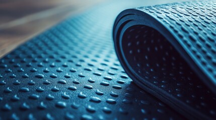 Macro shot rolling fitness mat, soft skin tones, blue textured exercise equipment, warm wooden surface, contemporary fitness scene, lifestyle detail photography, serene morning light