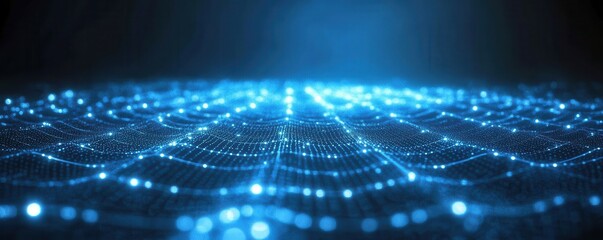 Blue abstract background with a connected network grid and particles