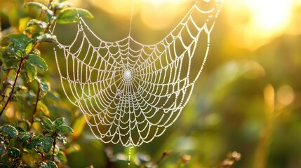 a delicate spidera??s web covered in morning dew, sparkling in the sunlight, symbolizing the beauty 