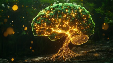Fototapete - A brain morphs into a vibrant tree with glowing branches and roots, illustrating the connection between growth and knowledge in a serene forest. Generative AI