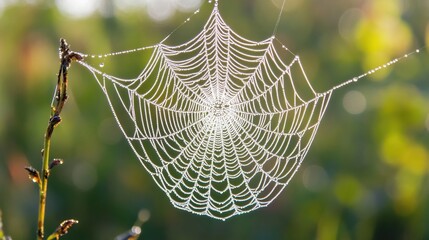 a delicate spidera??s web covered in morning dew, sparkling in the sunlight, symbolizing the beauty 