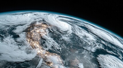 Wall Mural - earth from space showing weather patterns and city lights