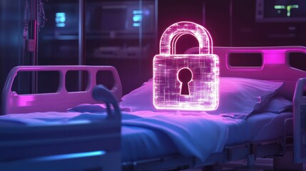 Digital lock over hospital bed symbolizing healthcare data security. Data privacy for patients.