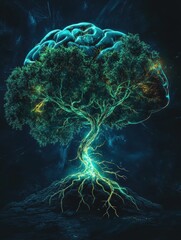 Leinwandbilder - A vibrant tree emerges from a brain, showcasing glowing neural branches and roots that symbolize wisdom and personal growth. Generative AI