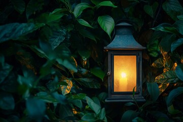 Wall Mural - A rustic lantern glowing amidst jungle foliage. 