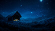 © mahamad - A nativity scene depicting the birth of Jesus Christ in a wooden manger, set against a dark blue night background with copy space for the message 'Jesus is the reason for the season.'