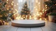 © IQ-Photography - Empty white wold table top with abstract warm living room decor with christmas tree string light blur background with snow,Holiday backdrop,Mock up banner for display of advertise product, HD image