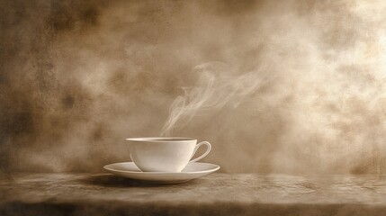 timeless coffee moment, elegant white cup and saucer, dancing steam wisps, warm sepia filter, rustic table texture, gentle morning glow