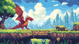 Pixel art scene featuring a red dragon facing a knight on a floating platform in a vibrant fantasy landscape