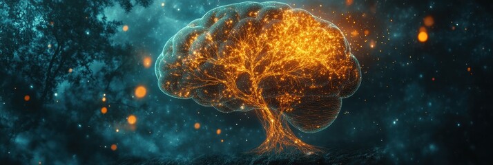 Leinwandbilder - A brain morphs into a glowing tree, with neural branches and roots symbolizing knowledge, flourishing in a rich, vibrant environment. Generative AI