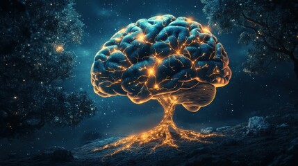 Fototapete - A brain morphs into a tree with luminous branches and roots, representing the interconnection of knowledge and natural growth in a mystical setting. Generative AI