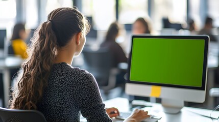 Wall Mural - woman working at computer with green screen display