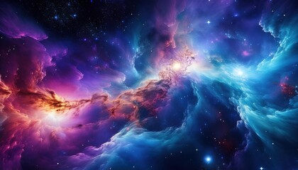 A vibrant cosmic nebula with swirling blue and purple hues illuminated by stars