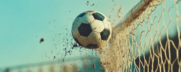 Soccer Ball Flying Into the Goal and Tearing the Net