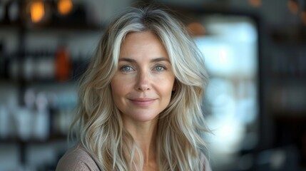 Wall Mural - Captivating woman with flowing blonde hair and radiant smile enjoying a cozy setting in a modern cafe. Generative AI