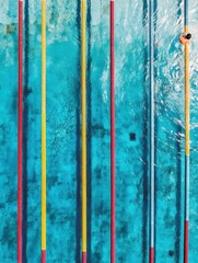 Aufkleber - Brightly colored swimming pool lanes are visible from above, with a swimmer enjoying the refreshing water in a sunny atmosphere. Generative AI