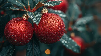 Wall Mural - Vibrant red ornaments glisten with rain droplets on festive green foliage during a cozy winter afternoon. Generative AI