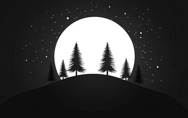 Wall Mural - black and white night sky illustration with moon and tree silhouettes
