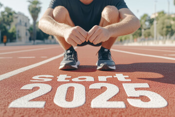 runner prepares on track starting line for the year 2025 challenge