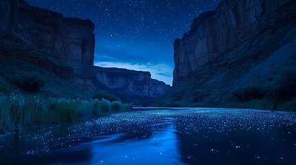 Wall Mural - A glistening river under a twilight sky, surrounded by towering cliffs that glow with bioluminescent plants