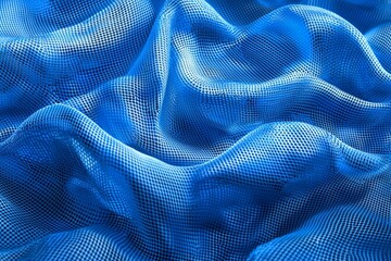 Close-up of blue mesh fabric, with waves and folds, against a vibrant blue background. 