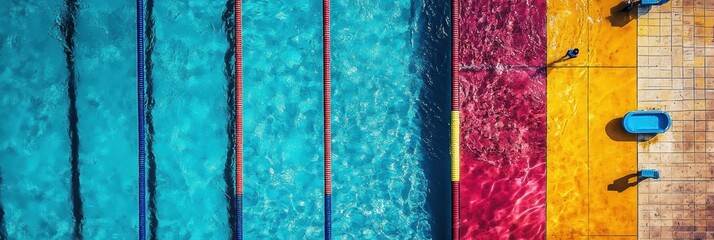 Aufkleber - A bright swimming pool viewed from above shows multiple lanes and vibrant colors, inviting swimmers for an enjoyable time in the water. Generative AI