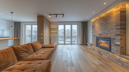 Wall Mural - Cozy living area with stylish fireplace and warm wooden accents creating a serene atmosphere. Generative AI