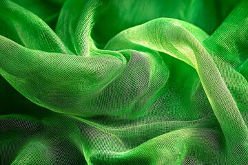 Close-up of green mesh fabric, with waves and folds, against a vibrant green background. 