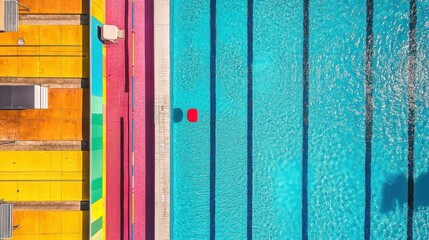 Aufkleber - Brightly colored swimming pool features multiple lanes, offering a lively space for swimming activities, exercise, and relaxation. Generative AI
