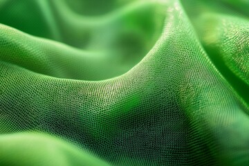 Close-up of green mesh fabric, with waves and folds, against a vibrant green background. 