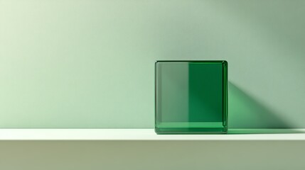 Wall Mural - A green glass cube sits on a white shelf against a pale green wall.

