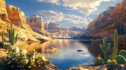 Wall Mural - A scenic river bordered by jagged cliffs and blooming cacti under the blazing sun in a desert oasis