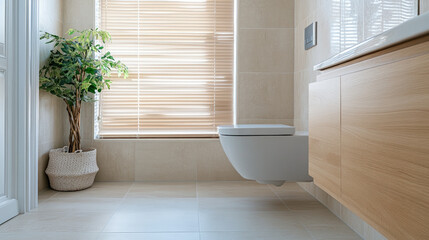 Wall Mural - Minimalist contemporary toilet with natural light and brown accents