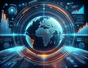 close up of a futuristic interface with data displays showing lines graphs and a globe in the center