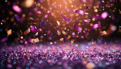 Wall Mural - Confetti and ribbons in purple and gold colors, a celebration background. 