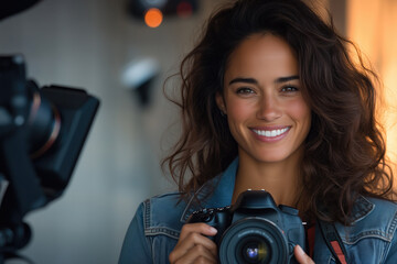 Beautiful woman photographer with professional camera