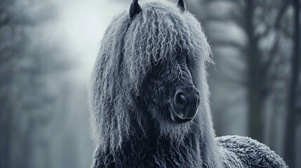 Wall Mural - majestic black horse with long, thick winter coat in snowy forest.