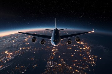 Wall Mural - An airplane flying over the Earth at night, with lights and city glow below
